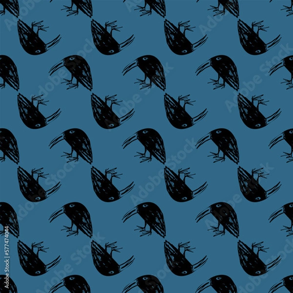 Obraz Black and Blue Cartoon Birds Seamless Pattern