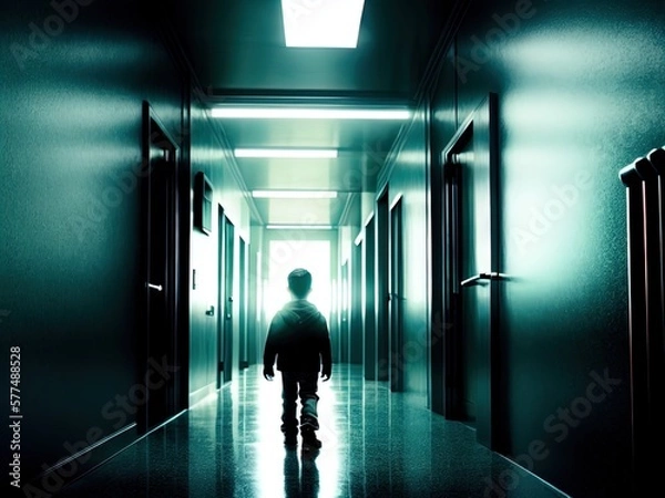 Fototapeta A hallway with a bright light at the end. Spooky horror scene. 