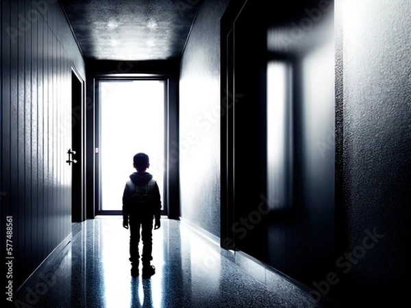Fototapeta A hallway with a bright light at the end. Spooky horror scene. 