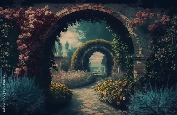 Obraz Dreamy impressionist garden with floral arch, vintage style, Generative Ai