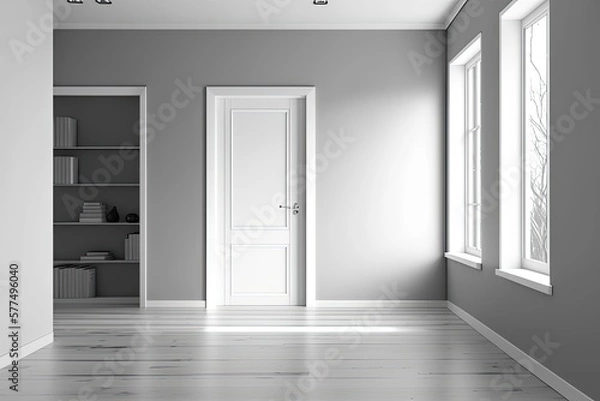 Fototapeta Vacant room with a wooden floor and white and gray walls. Concept of product placement and advertising. a mockup. Generative AI