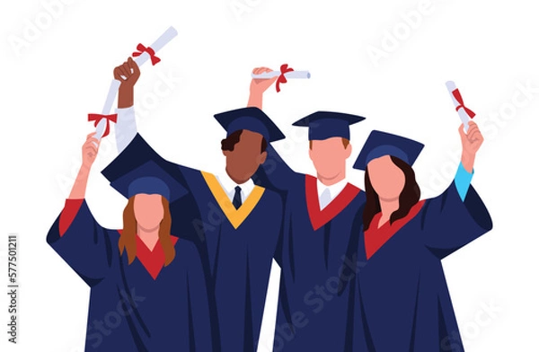 Fototapeta graduate. Happy students in faceless style with diplomas in academic gown and graduation cap, group with graduation certificate