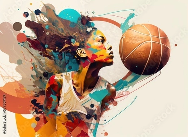 Fototapeta Dreamy poster illustration of black female basketball player with the ball. Generative AI.