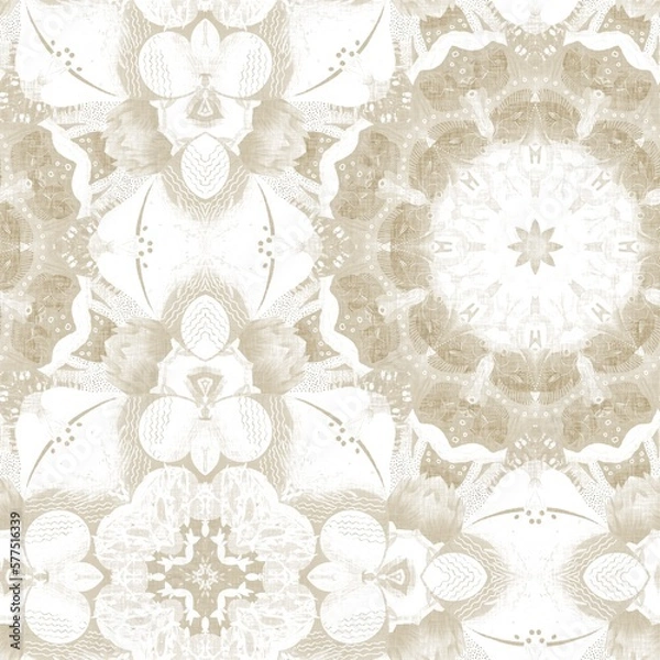 Obraz Ecru natural linen effect patterned coastal geo background. Seamless coastal blur cream cloth effect geometric mosaic effect. Beach cottage style fabric repeat.