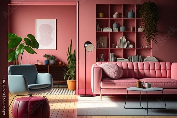 Fototapeta Interior of contemporary living room with wooden flooring and a red wall. Wall space for copies. Fur carpet, floor light, coffee table with vase and books, pink leather couch and armchair. Generative