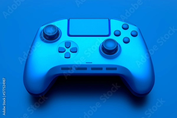 Fototapeta Realistic video game joystick with blue chrome texture isolated on blue