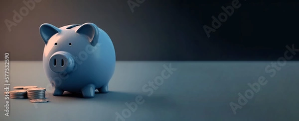 Fototapeta blue piggy bank with stack of coins and open space for text, logos and banners, saving money, financial plans, retirement plan, generative AI