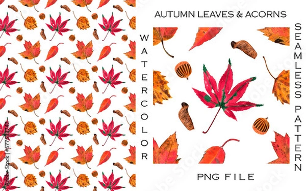 Obraz Watercolor hand-painted abstract seamless PNG pattern of autumn fallen leaves. Suitable for fabrics, prints, postcards, invitations, mobile apps, banners design, internet ads  and web pages and more.