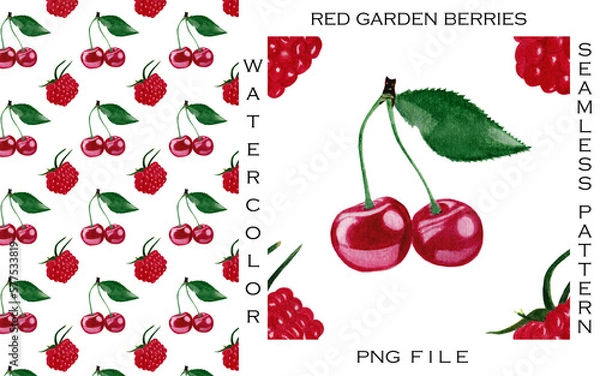 Obraz Watercolor hand-painted seamless PNG pattern of red cherry and raspberry berries. Suitable for fabrics, prints, postcards, invitations, mobile apps, banners design, internet ads and pages and more.