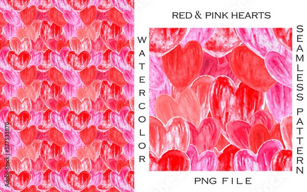 Obraz Watercolor hand-painted abstract seamless pattern of red and pink hearts. Suitable for fabrics, prints, postcards, invitations, mobile apps, banners design, internet ads  and web pages and more.