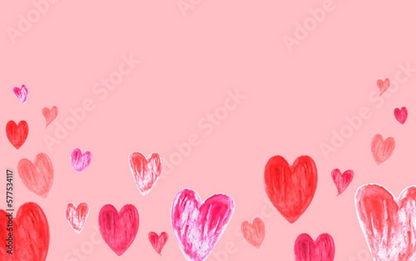 Obraz Watercolor red and pink hearts flying on pink background. Concept of design for Valentine’s Day, Mother’s Day and Women’s Day. Suitable for postcards, invitations, mobile apps, banners and more.