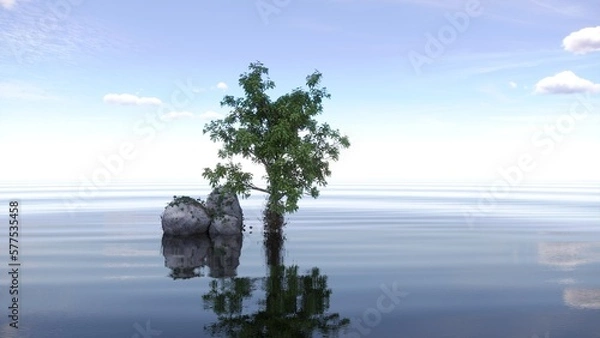 Fototapeta tree on an island in the middle of a lake. beautiful landscape, 3D illustration, cg render