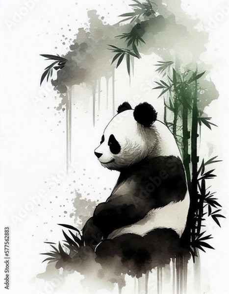 Obraz Panda Bear Japanese Style Water Color Illustration. Generative AI