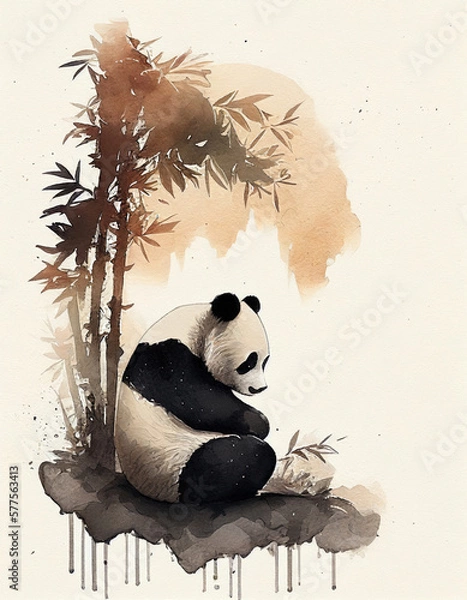 Obraz Panda Bear Japanese Style Water Color Illustration. Generative AI
