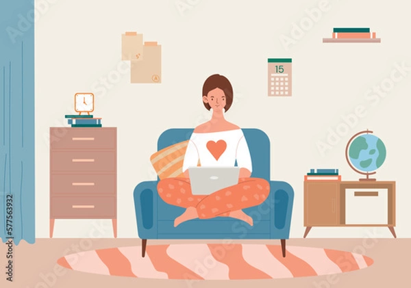 Fototapeta Girl studying at home. Woman sits with laptop in lotus position on armchair. Distance education and training, remote worker. Information and earnings on Internet. Cartoon flat vector illustration