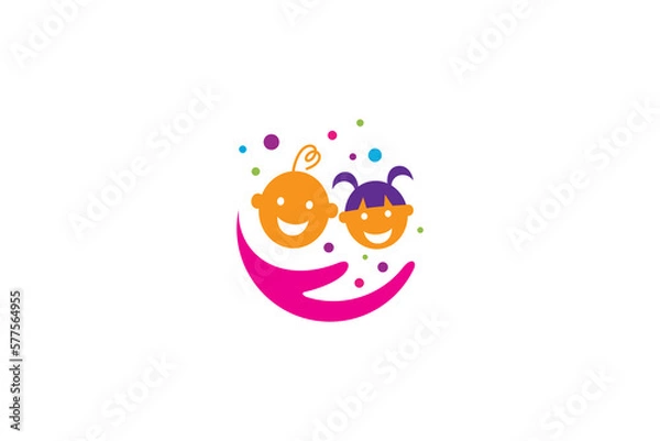 Obraz Child care logo with symbol of cheerful child's hand and face in colorful flat design