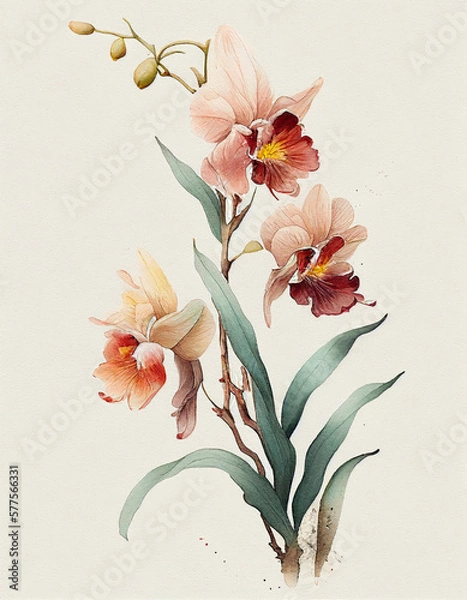 Obraz Beautiful Orchid Flower Japanese Style Watercolor Painting. Generative AI