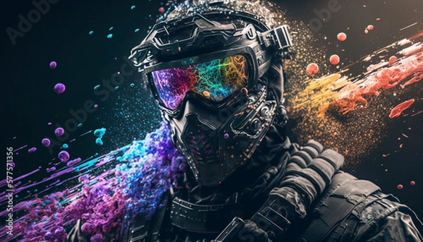 Fototapeta A tactical suit, colorful paint and smoke bombs for a war game. Generative A
