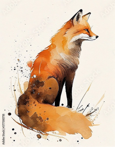 Obraz Beautiful Fox Japanese Style Watercolor Painting Dog. Generative AI