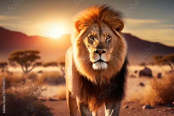 Fototapeta Lion at savanna on sunset sky abstract background. Animal and nature environment concept. Generative ai