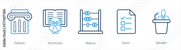 Fototapeta A set of 5 School icons as podium, smart class, abacus