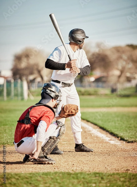 Fototapeta Baseball, bat and focus with a sports man outdoor, playing a competitive game during summer. Fitness, health and exercise with a male athlete or player training on a field for sport or recreation