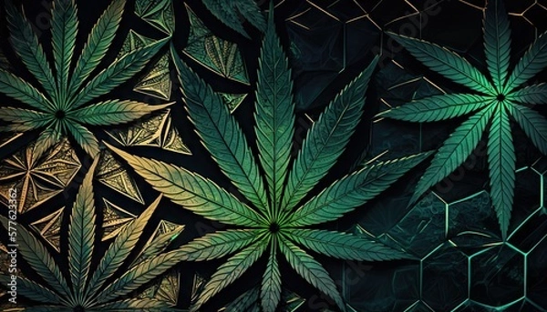 Fototapeta Beautiful Designer 420 Cannabis Seasonal Background with Mosaic patterns Dark color Modern Wallpaper Template with Vibrant Hues for Presentation, Ad, and All Applications (generative AI)