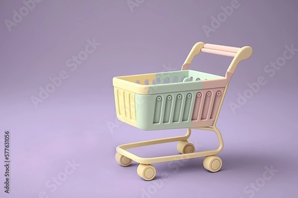 Fototapeta Multi pastel color online shopping cart trolley on violet background concept. Generative ai.