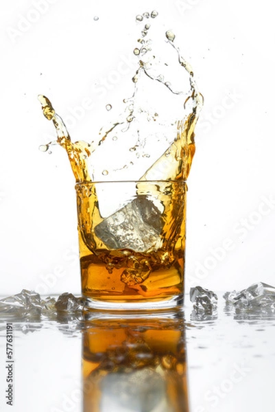 Obraz Splash of cola or whishky in a low glass isolated on a white background. selective focus. copy space