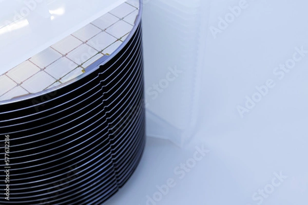 Fototapeta A batch of silicon wafers packed in a plastic storage box in the clean room of a semiconductor foundry ready for microchip production.