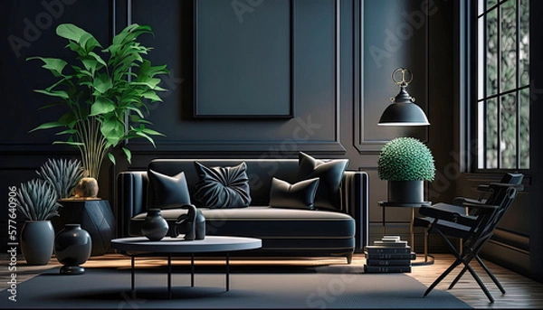 Fototapeta Modern black style interior design idea. Living room. Concept for designers and architects. Generative AI