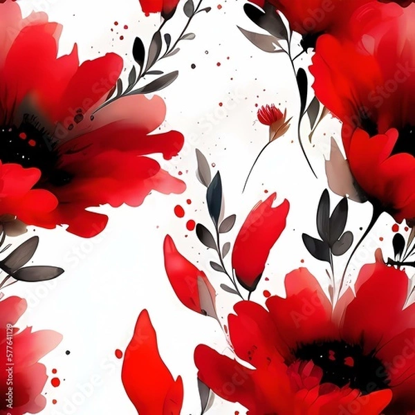 Fototapeta Seamless red flowers pattern, created with generative ai technology