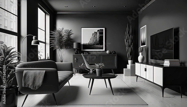 Fototapeta Modern black style interior design idea. Living room. Concept for designers and architects. Generative AI