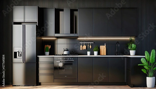 Fototapeta Modern kitchen design, interior design. Just black.  For designers and architects. Graphics for a blog or article.