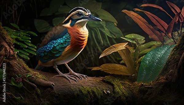 Fototapeta Exotic southeast Asian pitta in forest generative ai