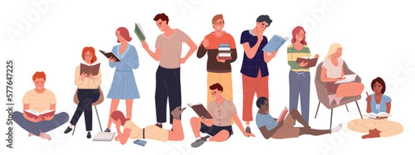 Obraz Group of people reading books. Literature fans vector flat illustration. Students studying and preparing for examination. 
