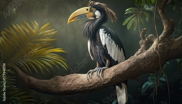 Fototapeta yellow billed hornbill sitting on branch generative ai