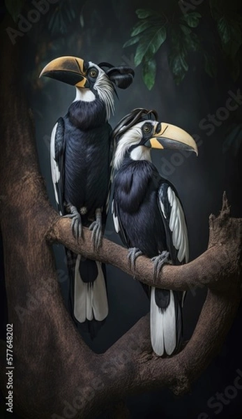 Fototapeta two hornbills on branch generative ai