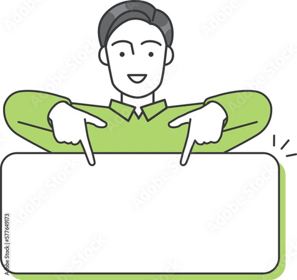 Obraz ジネスパーソン（男性）が両手で下のボードを指差しているベクターイラスト