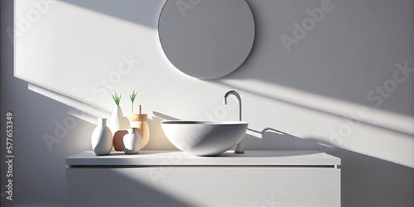 Fototapeta 3D styled art illustration an empty white vanity counter with ceramic washbasin and modern style faucet in a bathroom with morning sunlight and shadow. Products display mockup. Generative Ai.