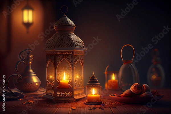 Fototapeta Ramadan concept background with candles. Generative AI