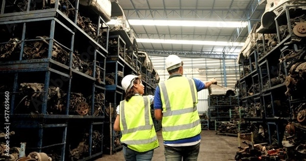 Obraz Back view of two Asian workers technical with safety suit helmet walking around car industry checking stock of used auto parts by digital tablet in factory industrial