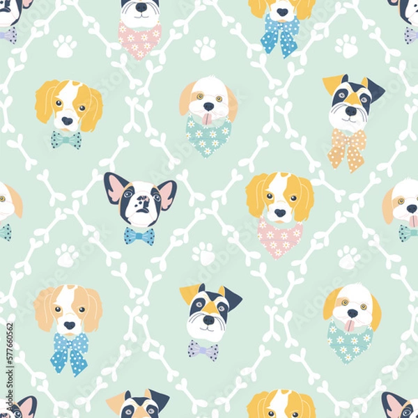 Fototapeta Vector seamless wallpaper pattern with funny muzzles of dogs of different breeds in bow ties and neck scarves