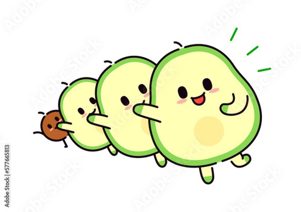 Fototapeta Several cute avocado characters are standing in a line and waving and welcoming.