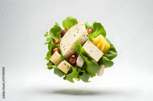 Fototapeta flying salad with cheese and vegetables