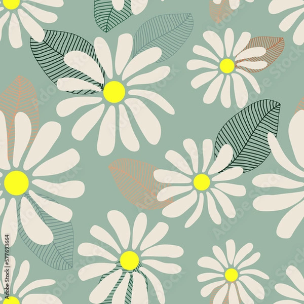 Obraz Wild chamomile flowers. Seamless floral summer pattern on a light blue background for printing on textiles. 