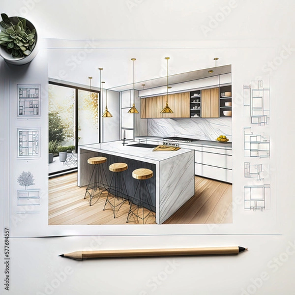 Fototapeta Modern kitchen interior design sketch. Concept for designers and architects. Generative AI