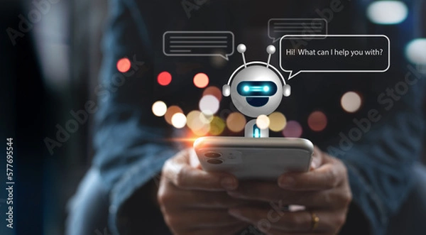 Fototapeta Digital chatbot, chat GPT, robot application, conversation assistant, AI Artificial Intelligence concept. Woman using mobile smart phone chatting with digital chatbot customer service