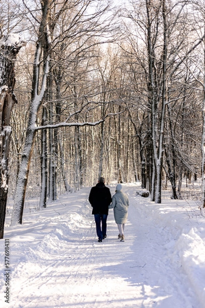 Fototapeta A man in a dark jacket and a woman in a light coat walk arm in arm in a winter park