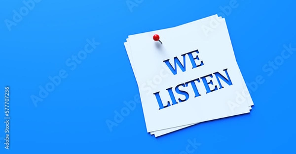 Obraz We Listen  3d word in paper on blue